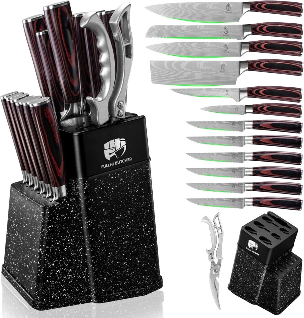 FULLHI 14pcs Block Knife Set, Chef’s Knife Steak Knives Set with Block and Sharpener, Kitchen Knife Set, Multi-colour Handle, Gifts for Men Women