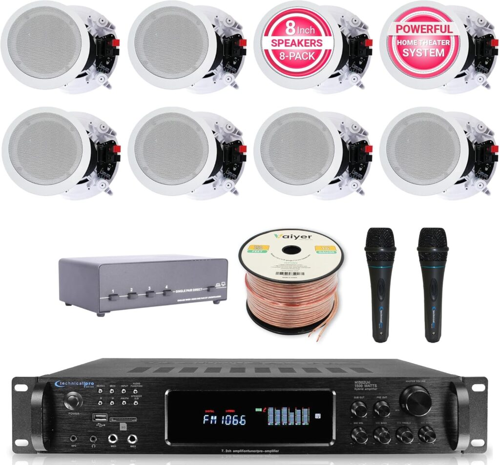 Home Audio System Kit – 7.2 Channel 1500W Bluetooth Amplifier w/ 8 Qty of 8″ Framed Ceiling Speakers 300 W Each, 4-Ch Speaker Selector, 2 Qty of Mic, 250 ft Speaker Wire & Remote by Vaiyer