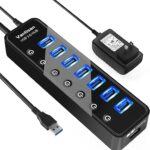 USB Hub 3.0 Powered, 7 Ports USB Data Hub Splitter with One Smart Charging Port and 5V/4A Powered Adapter and ON/Off Switches for MacBook, Mac Pro/Mini, iMac, Surface Pro Laptop/PC
