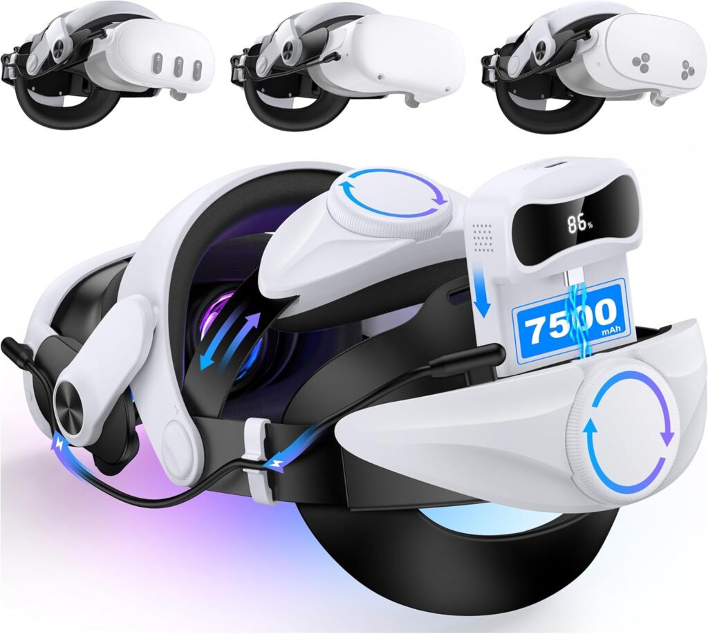 Head Strap with Battery for Meta Quest 3S/Quest 3/Quest 2, Comfor VR Accessory with 2 Adjustable Knobs to Adjust for Head Fit, Elite Strap with 7500mah Battery Pack for Extended 3H of Playtime
