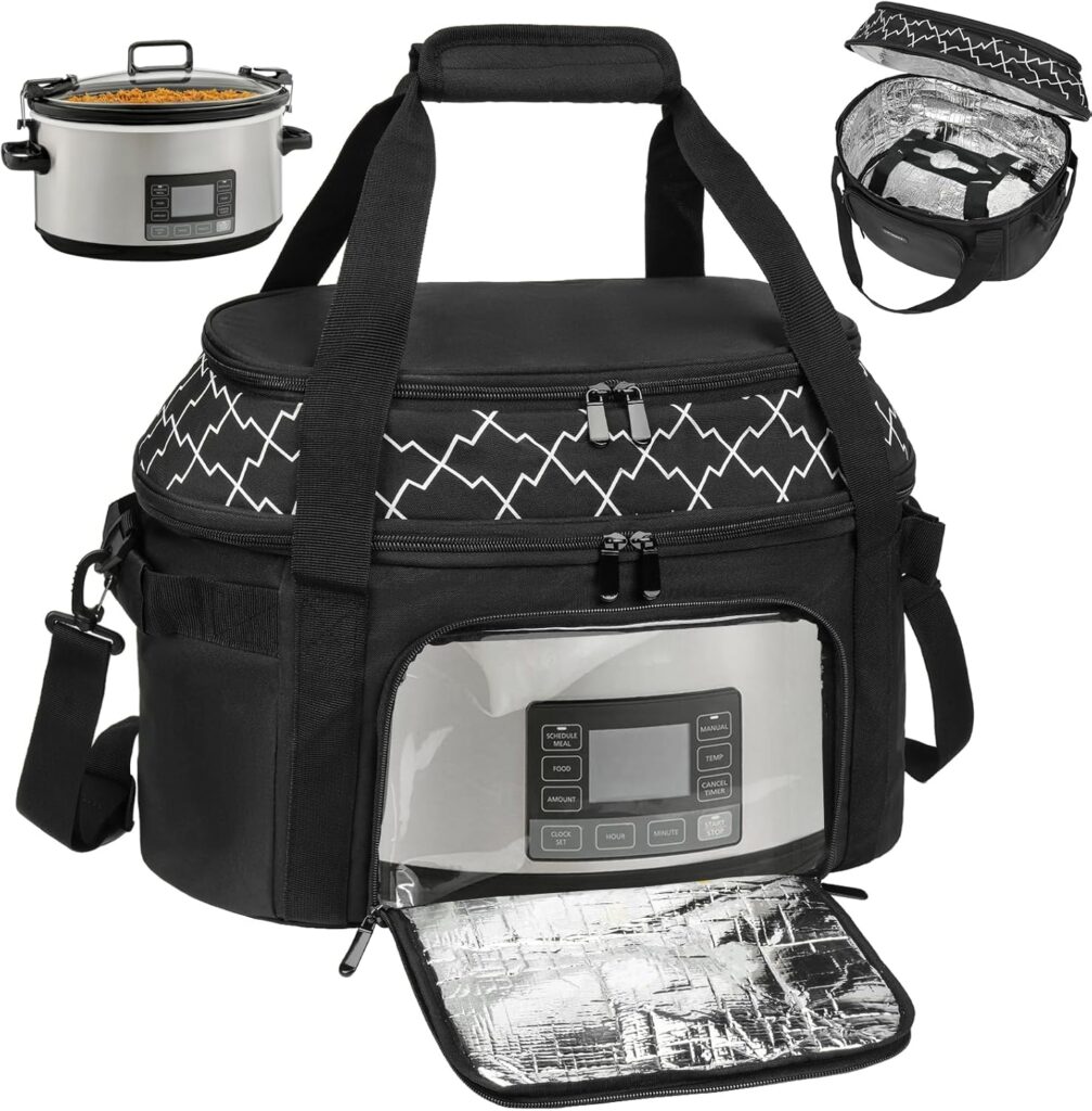 Slow Cooker Carrying Bag Compatible with 6-8 Quart CrockPot and Hamlton Beach,Double-Layer Insulated Carrier Case with Lid Fastener and See-through Window,Bag Only