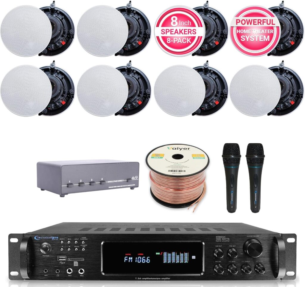 Sound System Kit – 7.2 Channel 1500 W Bluetooth Amplifier w/ 8 Qty of 5.25″ Frameless Ceiling Speakers 175W Each, 4-Ch Speaker Selector, 2 Qty of Mic, 250 ft Speaker Wire & Remote by Vaiyer