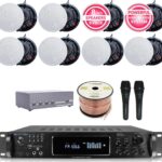 Sound System Kit – 7.2 Channel 1500 W Bluetooth Amplifier w/ 8 Qty of 5.25″ Frameless Ceiling Speakers 175W Each, 4-Ch Speaker Selector, 2 Qty of Mic, 250 ft Speaker Wire & Remote by Vaiyer