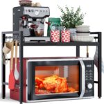 NETEL Expandable Microwave Stand,2 Tier Metal Kitchen Countertop Organizer Shelves with 8 Hooks,Bakers Rack,Microwave Shelf,Microwave Oven Rack,55lbs Weight Capacity