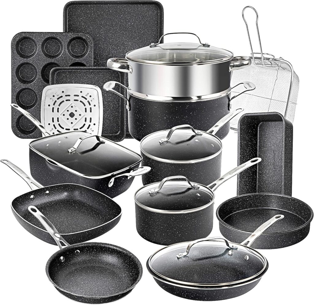 Granitestone True 20 Pc Pots and Pans Set Non Stick Cookware Set with Deep Square Pan and Bakeware Set, Non Toxic PFOA PFOS Free, Oven & Dishwasher Safe, No Cheater Pieces