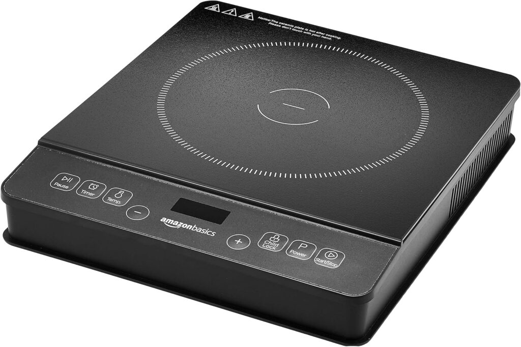 Amazon Basics 1800W Electric Portable Induction Cooktop, Induction Burner with Child Lock, Overheat Protection, Timer, 8 Power Settings, Up to 440°F, for Cookware with Diameter 5.7″-8.2″, Black