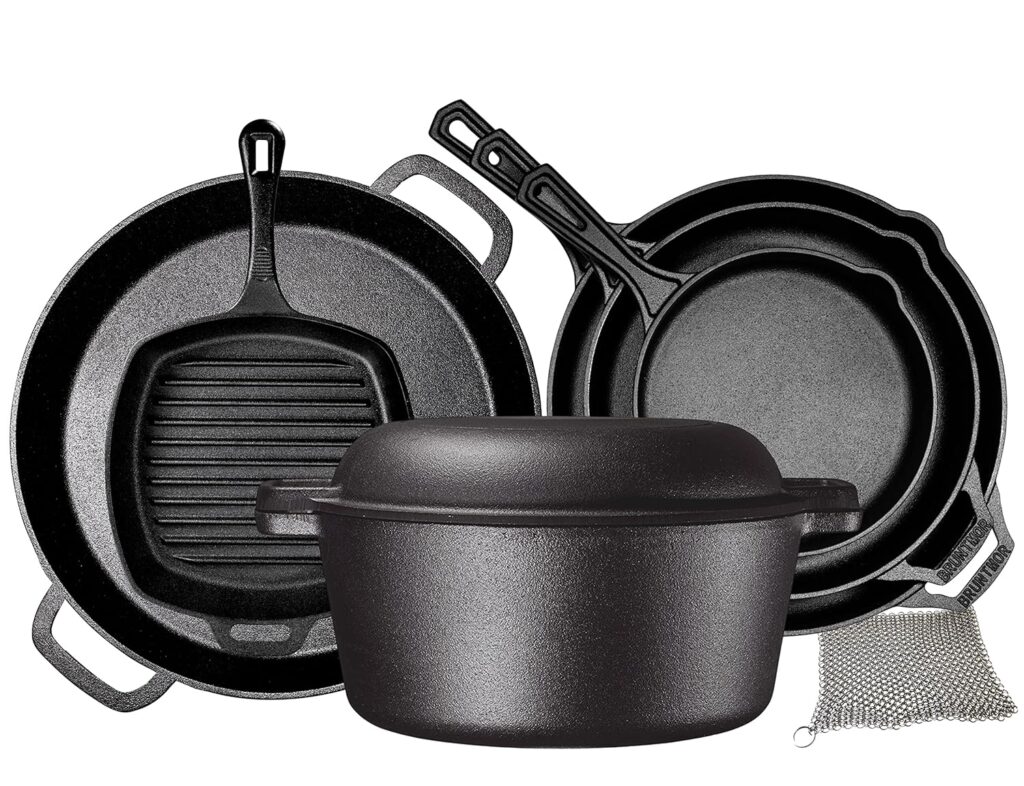 Bruntmor Pre-Seasoned Cast Iron Cookware Set – 8-Piece Bundle with Skillets, Grill Pan, Dutch Oven, Pizza Pan, and Utensils – Durable Pots and Pans Set for Cooking – Ideal Gift for Home or Camping