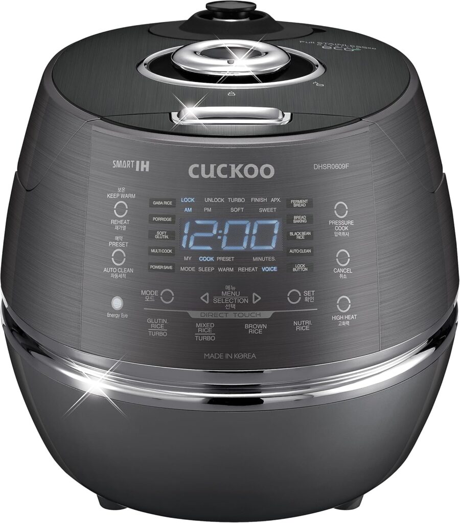 CUCKOO High Pressure Rice Cooker 6-Cup Uncooked / 12-Cup Cooked with Induction Heating Technology, Versatile Rice Maker with 21 Menu Options and Steam Plate, Voice Guide, Dark Gray (CRP-DHSR0609FD)