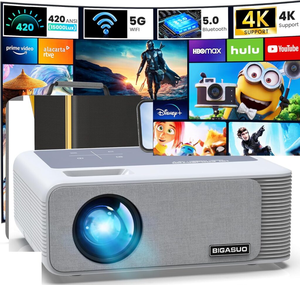 BIGASUO 850ANSI Projector with WiFi and Bluetooth – 1080P HD Outdoor Movie Projector 4K Support, Home-Projectors Max 400″ Display, 4P & ±50° Keystone, 60% Zoom, Compatible with Laptop, TV Stick, PS5…