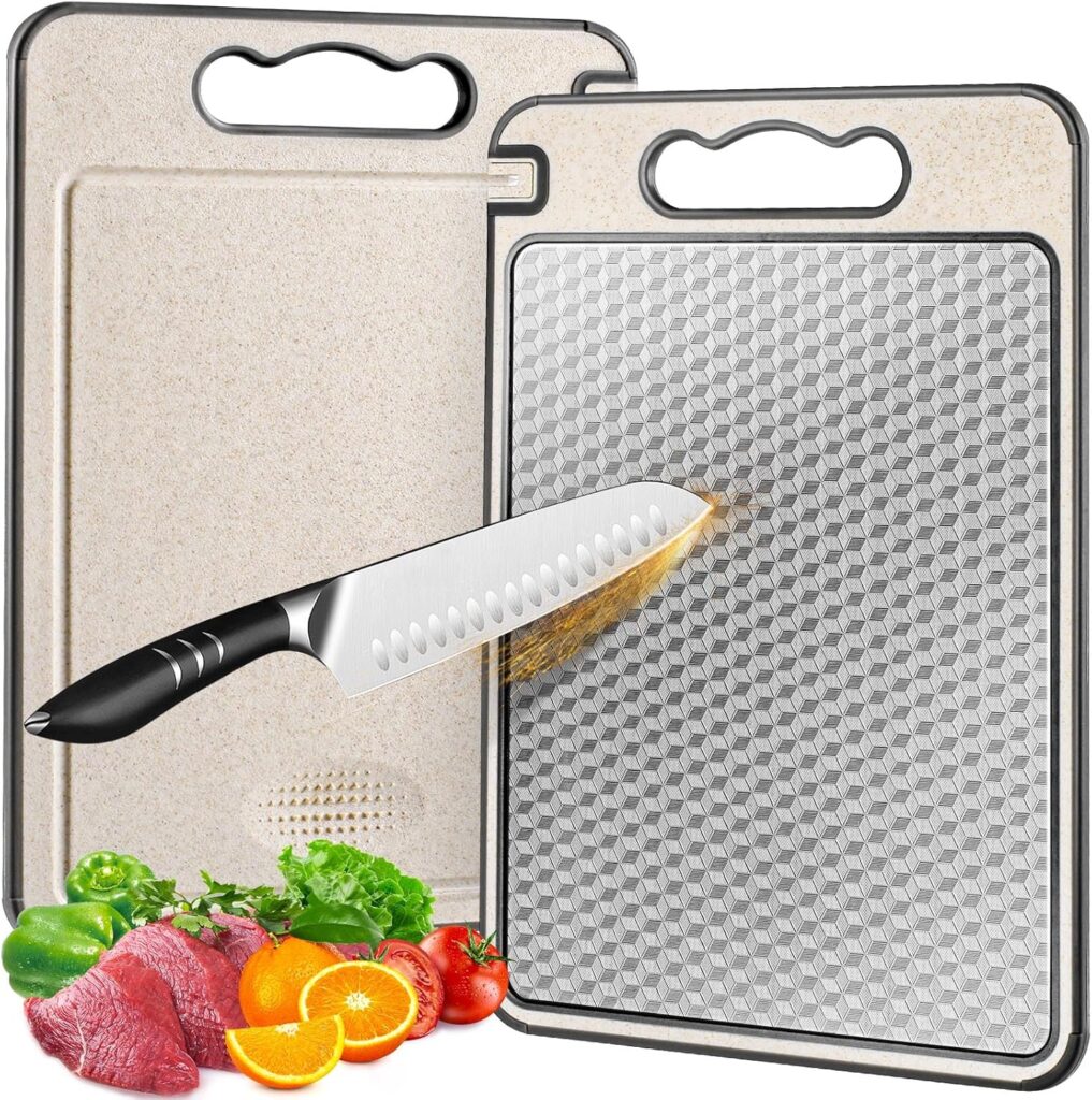 Stainless Steel Cutting Board for Kitchen, Non Toxic Large Chopping Board Double Sided Non-slip Scratch-resistant Mesh Design with Juice Groove Food-Grade Wheat Straw PP 15×10 In Easy to Clean