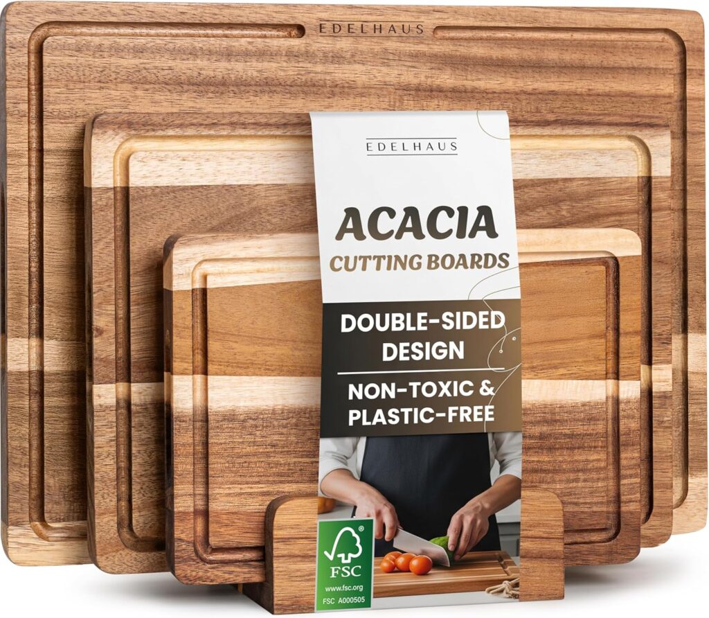 Acacia Wood Cutting Board for Kitchen, Non-Toxic Cutting Board Set of 3, Chopping Boards with Deep Juice Groove for Meat, Cheese & Vegetables – Durable & Double sided with serving Compartments