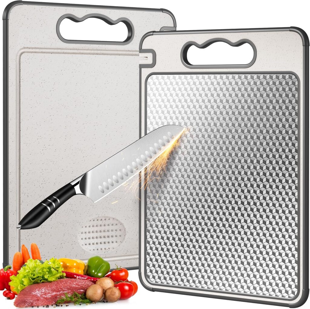 Stainless Steel Cutting Board for Kitchen, Scratch Resistant Mesh Design, Reversible 304 Stainless Steel & Wheat Straw, Non Toxic Chopping Board for Meat, Dishwasher Safe, 14.4″*9.8″,1Pcs Grey