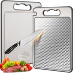 Stainless Steel Cutting Board for Kitchen, Scratch Resistant Mesh Design, Reversible 304 Stainless Steel & Wheat Straw, Non Toxic Chopping Board for Meat, Dishwasher Safe, 14.4″*9.8″,1Pcs Grey