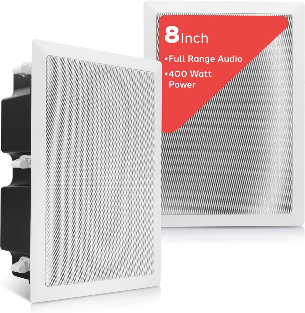 Pyle Ceiling Wall Mount Enclosed Speaker – 400 Watt Stereo In-wall / In-ceiling 8″ Enclosed Full Range Deep Bass Speaker System – 50Hz-20kHz Frequency Response, 4-8 Ohm, Flush Mount – PDIW87 White