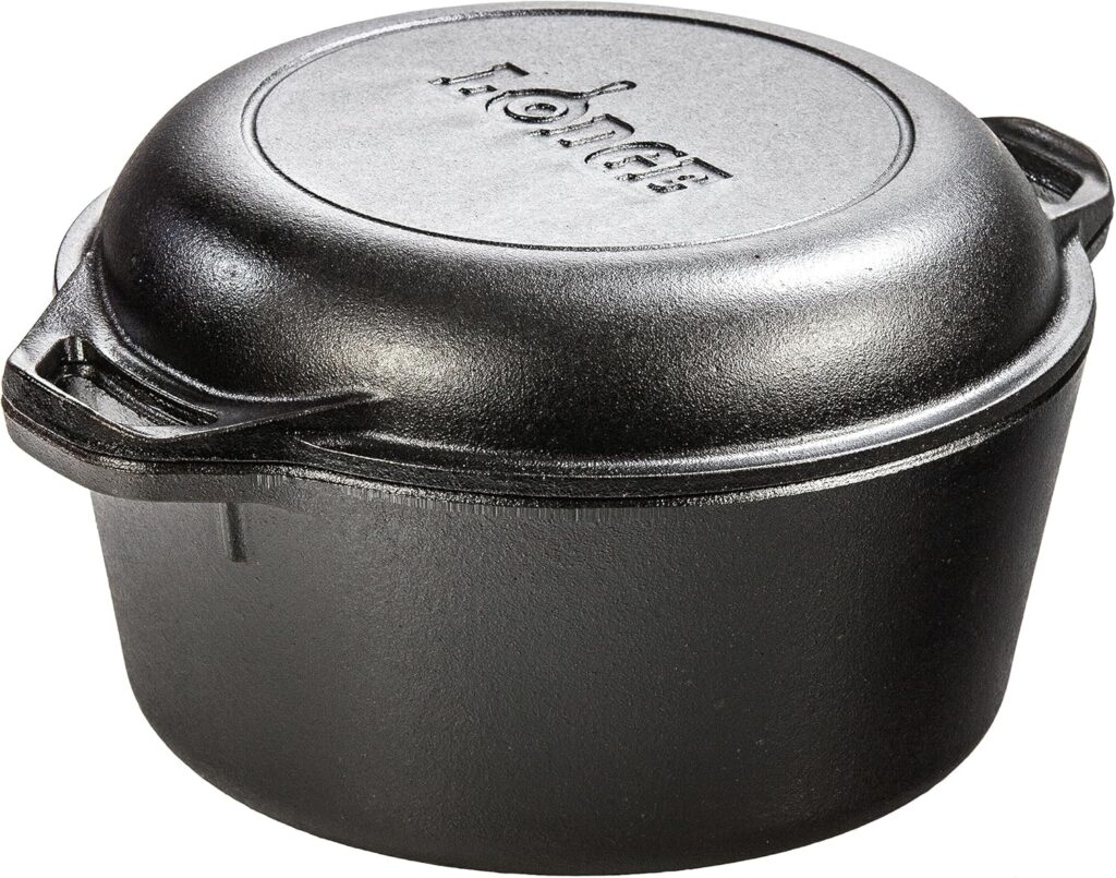 Lodge 5 Quart Cast Iron Double Dutch Oven – Pre-Seasoned – Lid Converts to 10.25″ Skillet – PFAS-Free – Made in USA – Dual Handles – Oven, Grill, Campfire & Stovetop Safe – Durable & Non-Toxic