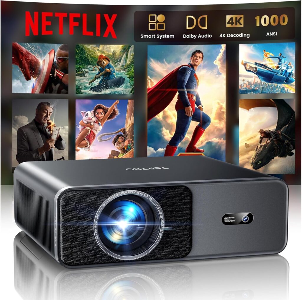 Smart Projector[1000 ANSI/Netflix-Licensed] 4K Projector with WiFi 6 and 2-Way Bluetooth, AI Auto Focus & Keystone, 20W Dolby Audio,Built-in Apps,HDR10+,TOPTRO A1 Portable Proyector for Outdoor Movie