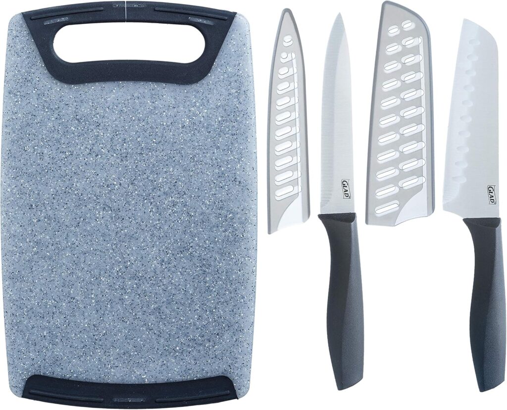 Glad Knife Set with Cutting Board, 5 Pieces | Sharp Santoku and Utility Knives with Blade Covers and Plastic Chopping Block | Kitchen Cooking Accessories,Gray