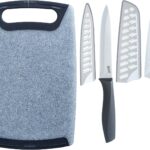 Glad Knife Set with Cutting Board, 5 Pieces | Sharp Santoku and Utility Knives with Blade Covers and Plastic Chopping Block | Kitchen Cooking Accessories,Gray