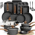 30 Piece Pots and Pans Set Non Stick, Granite Induction Cookware Sets, Nonstick Kitchen Cookware Sets, Non Toxic Cookware Set with Frying Pans and Saucepan, Kitchen Pots and Pans Set, Black