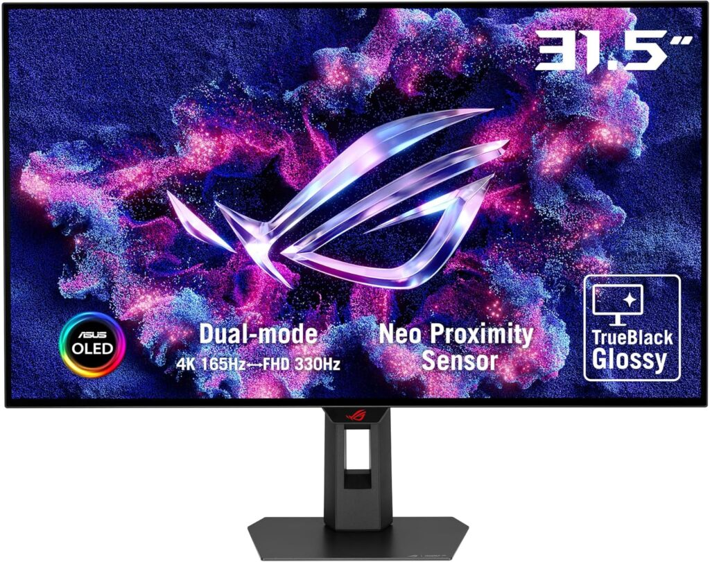 ASUS ROG Strix 32” 4K OLED Gaming Monitor (XG32UCWG) – TrueBlack Glossy OLED, Dual Mode (4K@165Hz, FHD@330Hz), 0.03ms, G-SYNC Compatible, Neo Proximity Sensor, USB-C, HDMI 2.1, 3 yr Warranty