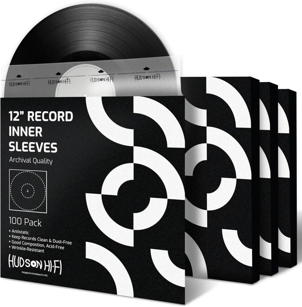 Hudson Hi-Fi Anti-Static Vinyl Record Inner Sleeves 100 Pack – Durable Clear Disc Sleeves- Protect Your LP Albums from Scratches, Dust & Dirt – Acid-Free Rice Paper Interior Disc Covers
