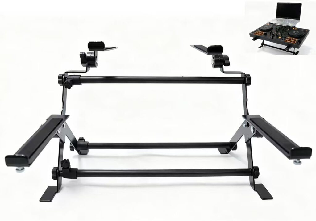 Portable DJ laptop stand; adjustable tilt angle and width, anti-slip design, DJ stand for laptop and controller; the perfect choice for your DJ rig at home, workstation, or on tour.