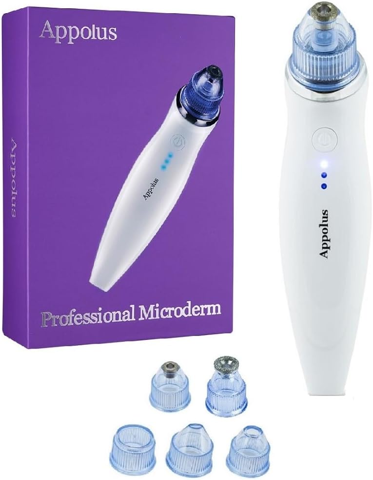 Microdermabrasion Machine – Appolus Premium Diamond Microdermabrasion Device Tool – 2 Diamond Tips – 5 Heads – Blackhead Blemishes Remover – Pores Fine Lines Minimizer