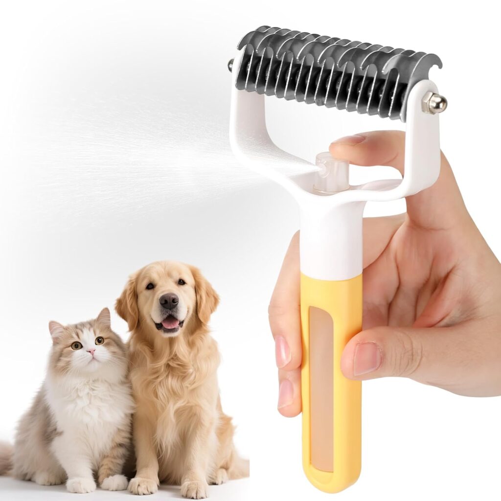 Undercoat Rake for Dogs & Cats, Double-Sided Deshedding Dematting Tool with Spray Bottle, Extra-Wide Dog Brush for Shedding, Reduce Flying Hair, Effectively Remove Tangles, Knots and Mats