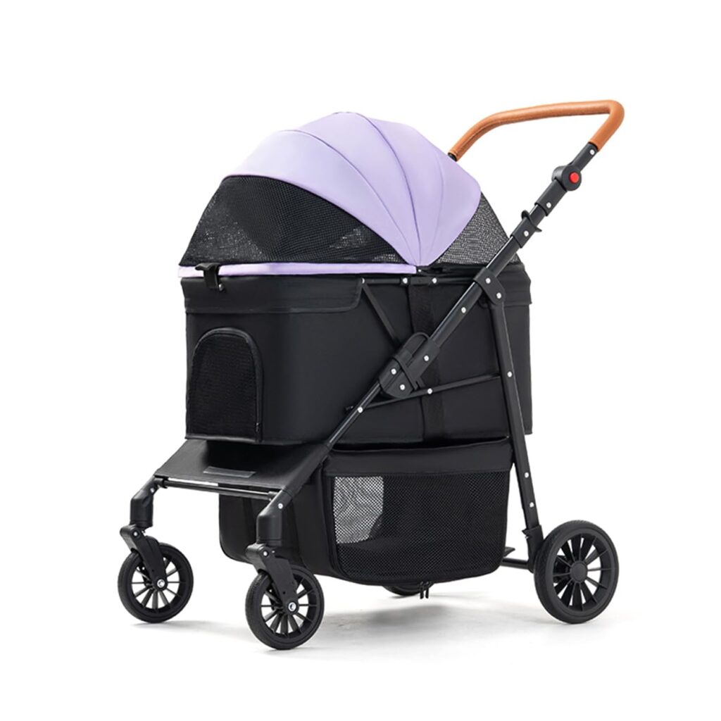Pet Carrier Stroller 4 Wheels – Easy-Fold Dog Cat Stroller for Small Medium Dog Cats Carrier, Travel Folding Carrier Breathable and Visible Mesh with Cup Holder (Purple)