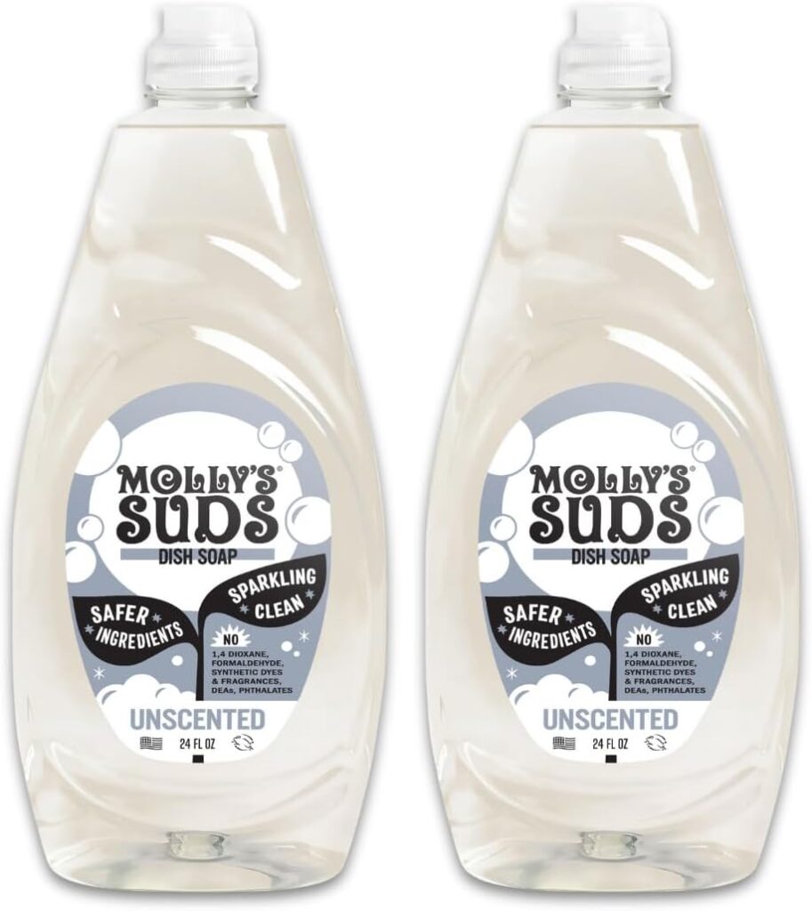 Molly’s Suds Liquid Dish Soap | Clean, Simple Ingredients | Extra Scrubbing Power | Unscented, 24 oz – 2 Pack
