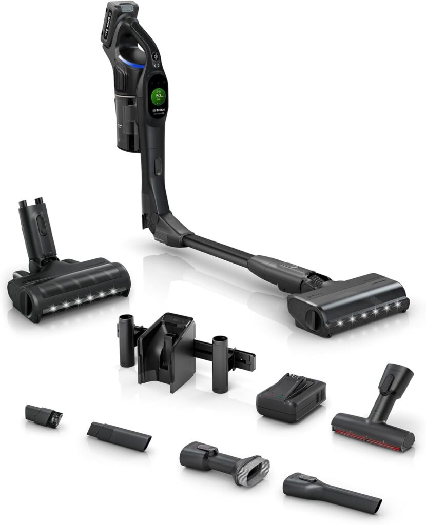 Bosch Unlimited 10 Cordless Vacuum, Fast Charger, +6 Accessories, 80min Runtime, 90° Bendable Tube, >99.9% Dust Pick-up, Dust Compression Avoids Dust Clouds, for Carpet, Hardwood, Upholstery