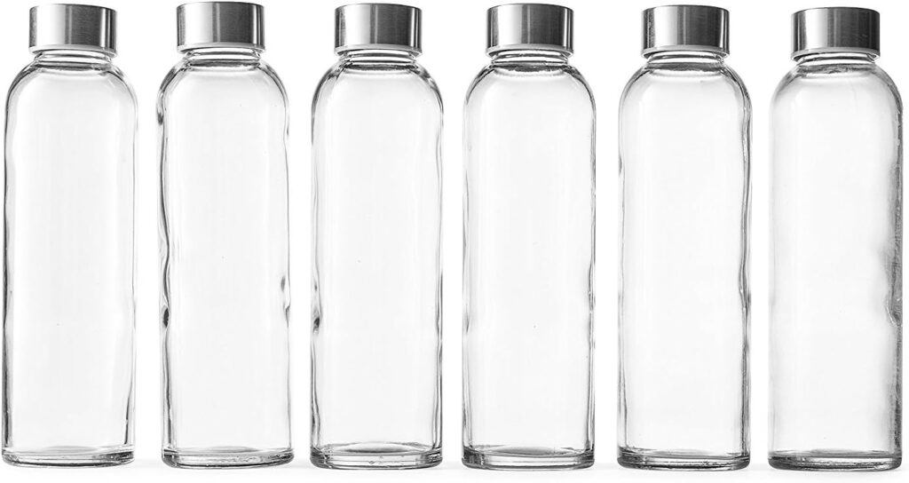 Epica Clear Glass Bottles with Lids, 18oz Resuable Glass Water Bottles for Juicing with Stainless Steel Cap to store Milk, Smoothie, etc., 100% Leak Proof, Durable and Dishwasher Safe (Set of 6)