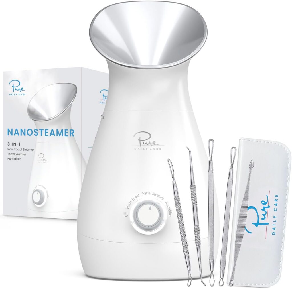 Pure Daily Care NanoSteamer Large 3-in-1 Nano Ionic Facial Steamer with Precise Temp Control – Humidifier – Unclogs Pores – Blackheads – Spa Quality – Bonus 5 Piece Stainless Steel Skin Kit (Silver)