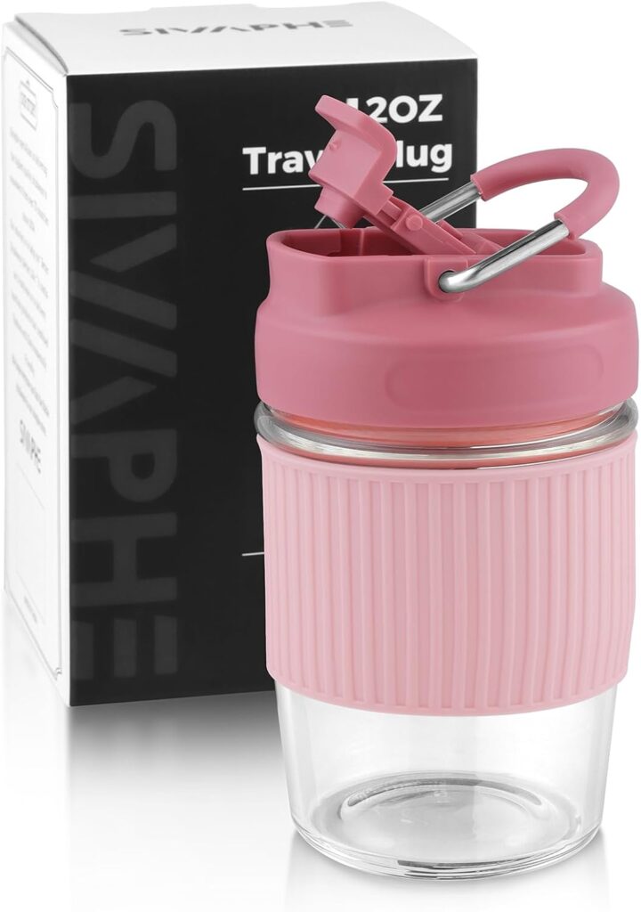 Sivaphe Reusable Glass Coffee Cup 12 oz, Portable Travel Mug with Spill-Proof Lid and Protect Sleeve for Home Office Pink