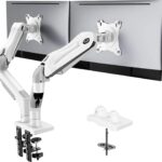 HUANUO Dual Monitor Stand – Full Adjustable Monitor Desk Mount Swivel Vesa Bracket with C Clamp, Grommet Mounting Base for 13 to 32 Inch Computer Screens – Each Arm Holds 4.4 to 19.8lbs – White