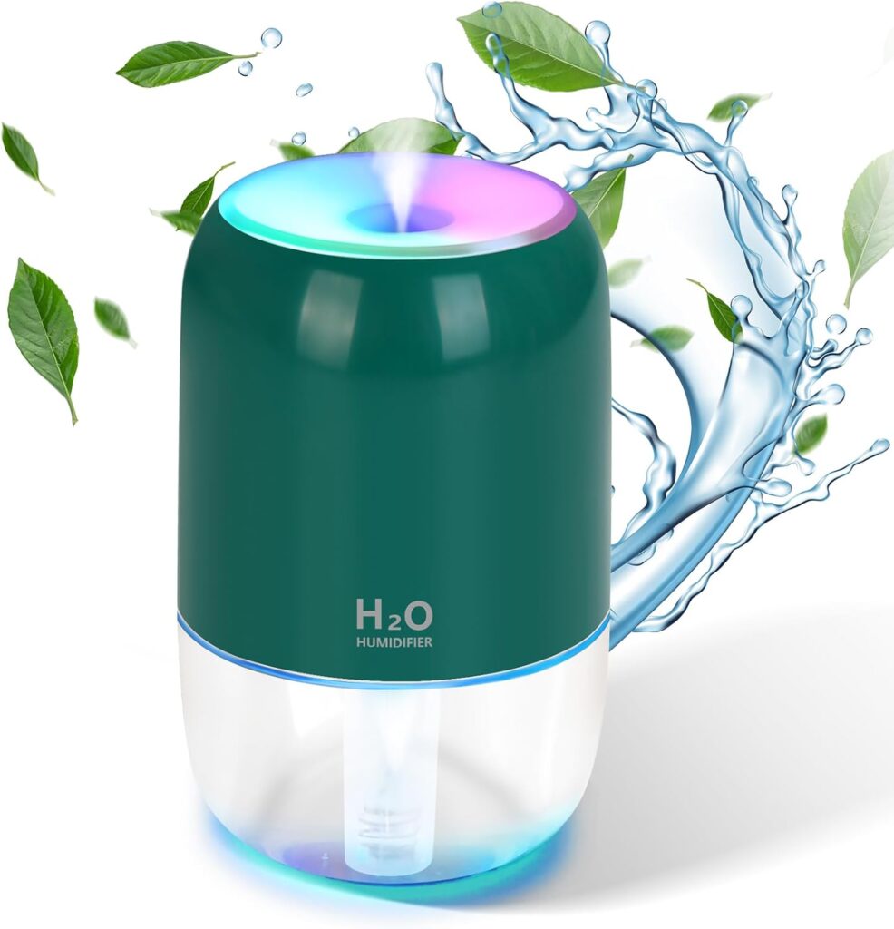 Mini Humidifiers for Bedroom, 200ml Cool Mist Humidifiers for Home Nursery Indoor Plants, Room Humidifier for Bedroom Quiet Auto Shut-off Top Fill Humidifier for Car Office Desktop, Dark Green