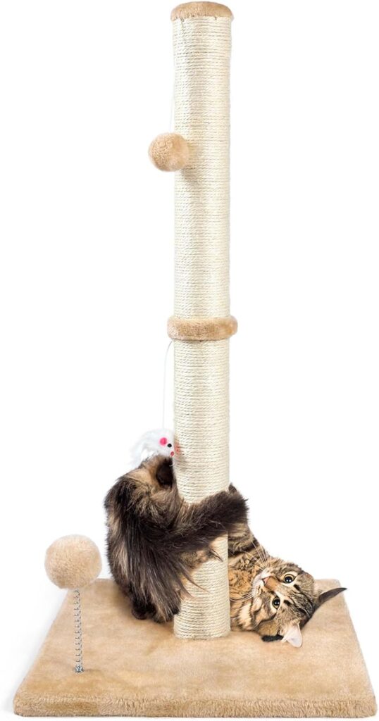 ANWA 32″ Tall Cat Scratching Posts for Indoor Cats, 3-in-1 Vertical Cat Scratching Post with Plush Toys, Premium Sisal Post for Cats at All Ages with Reinforced Stable Base, Beige