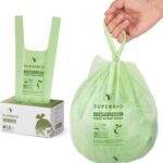 SUPERBIO 1.6 Gallon Handle Tie Compostable Food Scrap Bags For Counter Top Compost Bin, Small Compost Bags, 50 Count, 6 Liter, BPI & OK compost INDUSTRIAL Certified