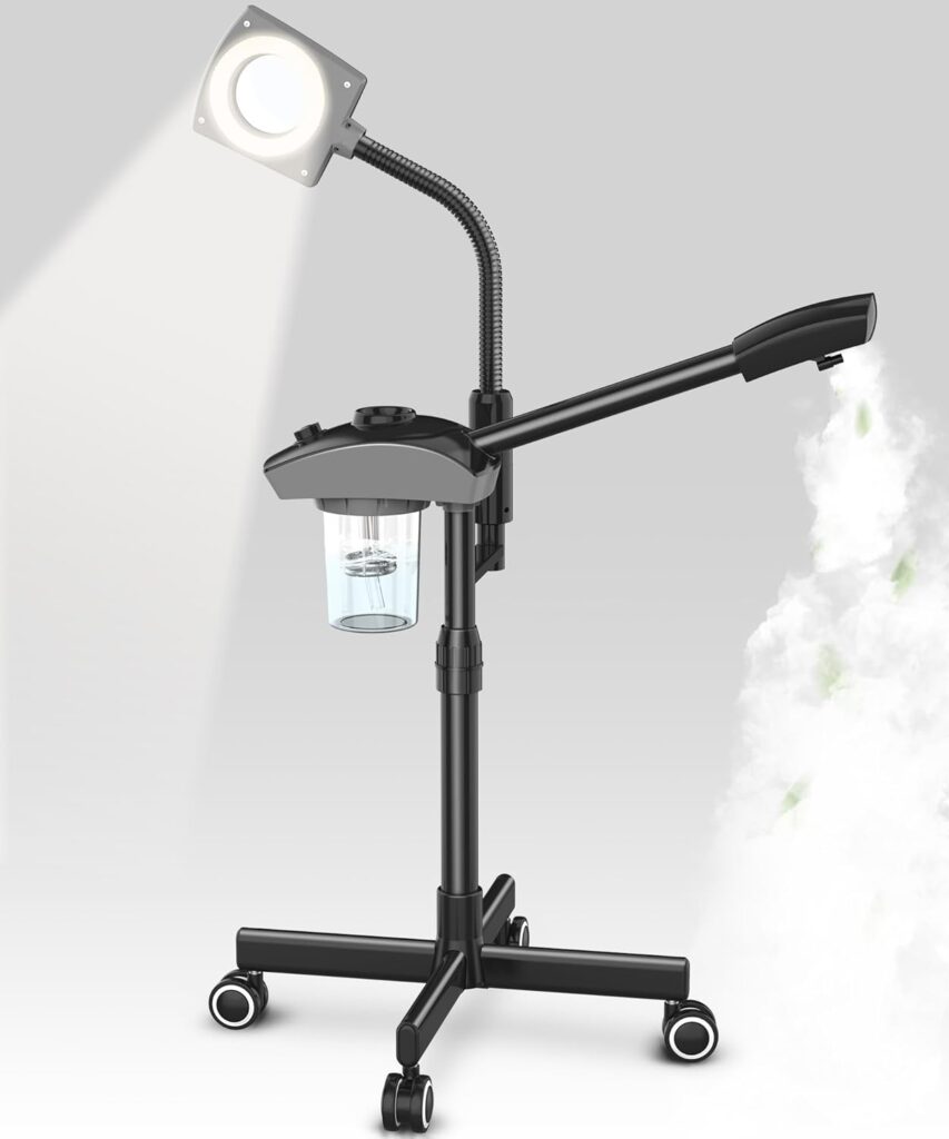 TASALON Professional Ionic Facial Steamer, 2-in-1 Face Steamer for Facial with 5X Magnifying Foldable Arm, Mist Face Steamer Salon Spa Beauty Skin Care Equipment, Aroma Therapy Nozzle Included- Blcak