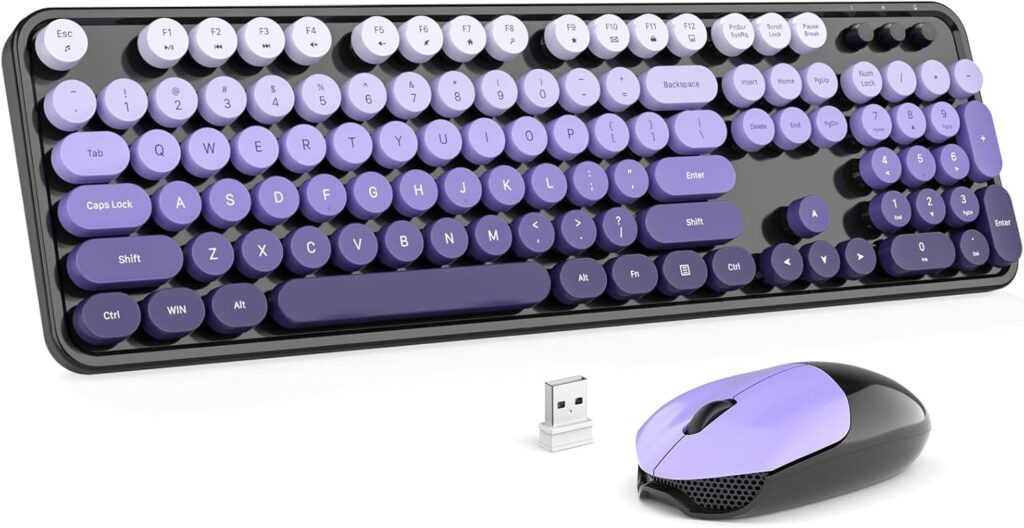 MOFII Wireless Keyboard and Mouse Combo, 2.4GHz Retro Typewriter Keyboard Full Size, Cute Wireless Mice, USB Dongle Plug and Play, for Laptop, PC, Desktop, Windows (Black Purple Gradient Color)