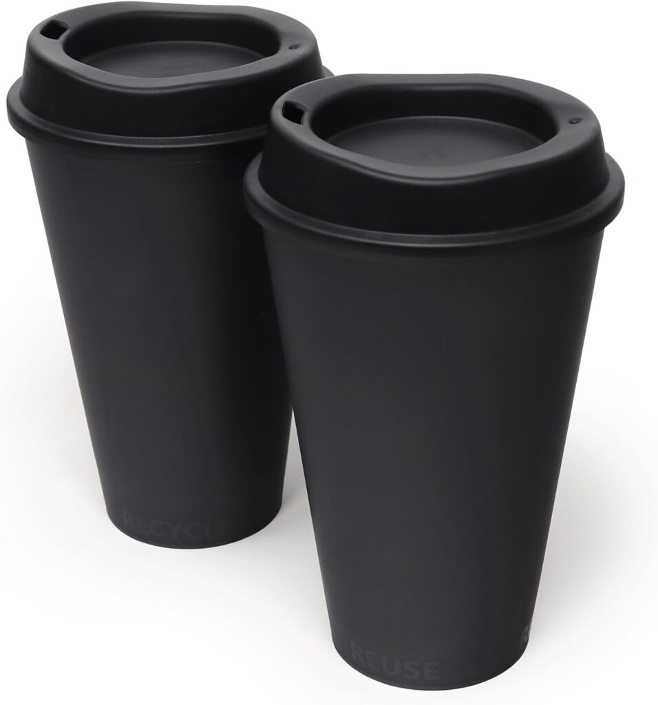 Rolling Sands USA Made 16 oz Reusable Coffee Cups with Lids 2 Pk, To Go Travel Cups, Hot or Cold Drinks, Dishwasher and Microwave Safe, Black