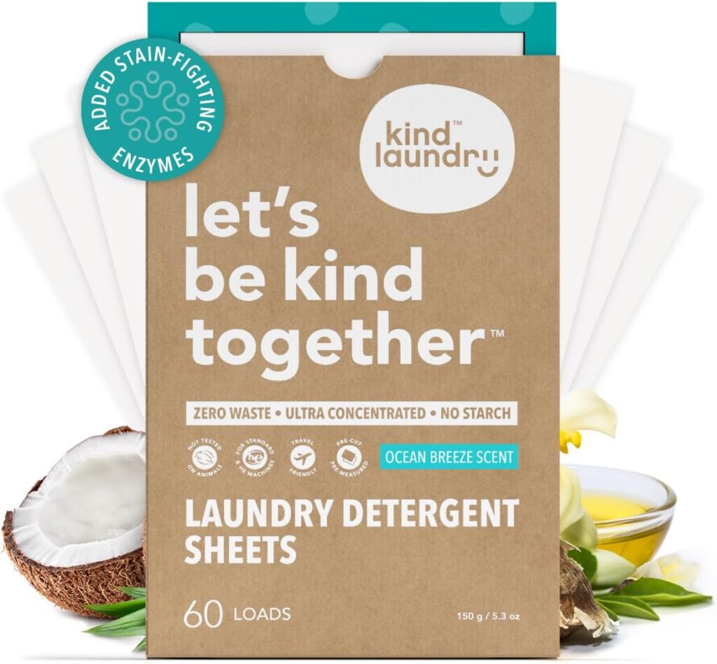 Kind Laundry Detergent Sheets Stain-Fighting Enzymes – Plant Powered Eco-Friendly Laundry Soap Sheets – Home or Travel Laundry Detergent – Ocean Breeze, 60 Loads (Mom’s Choice Award Winner)