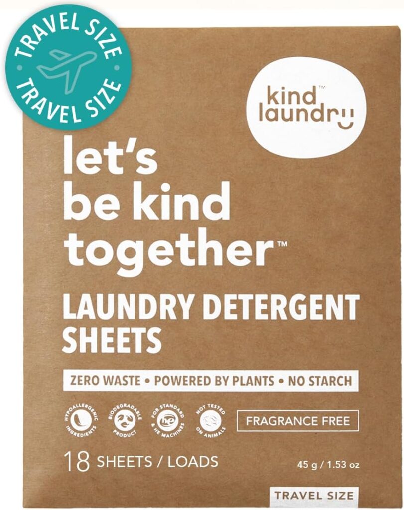 Kind Laundry Detergent Sheets with Stain-Fighting Enzymes – Plant Powered Eco-Friendly Laundry Soap Sheets – Home or Travel Laundry Detergent Fragrance Free, 18 Loads (Mom’s Choice Award Winner)