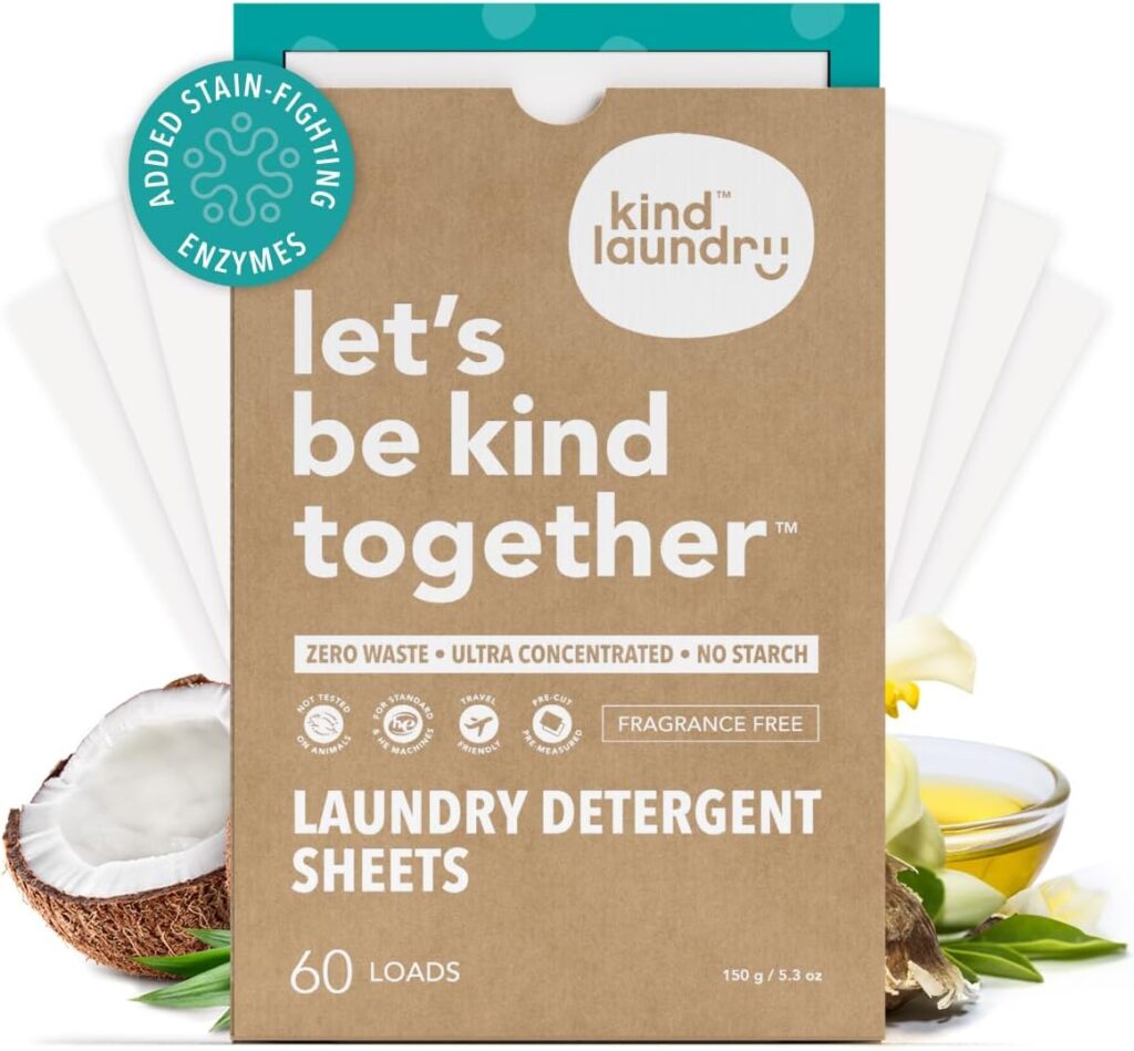 Kind Laundry Detergent Sheets with Stain-Fighting Enzymes – Plant Powered Eco-Friendly Laundry Soap Sheets – Home or Travel Laundry Detergent Fragrance Free, 60 Loads (Mom’s Choice Award Winner)