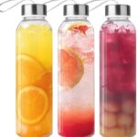 3 Packs Glass Water Bottles with Lid Clear Juice Bottles Reusable Bottle with Stainless Steel Cap Glass Cups Liquid Storage Containers for Juicing Beverage Refrigerator Travel-17oz