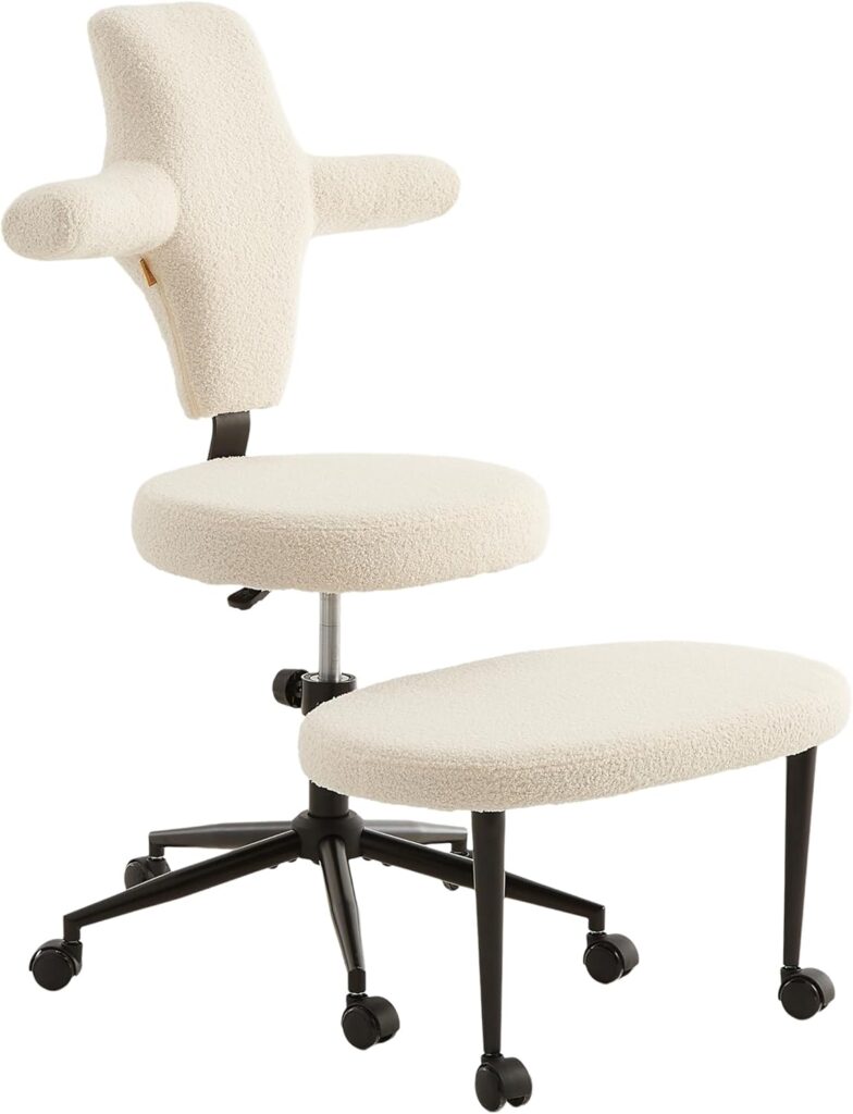 Ergonomic Extra Wide Cross Legged Chair – ADHD/Meditation Office Chair, Reversible Seating, Adjustable Height and Seat Deapth, Retractable Footrest, Teddy Fabric, Off White