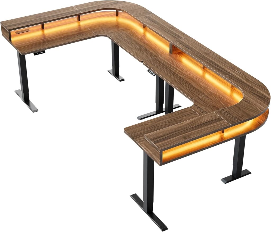 HUANUO U-Shape Standing Desk with LED Strip & Power Outrlets, 2-Tier Height Adjustable Sit Stand up Gaming Desk with Power Strip Holder, Large Computer Table for Home Office, Walnut