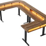 HUANUO U-Shape Standing Desk with LED Strip & Power Outrlets, 2-Tier Height Adjustable Sit Stand up Gaming Desk with Power Strip Holder, Large Computer Table for Home Office, Walnut