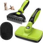 3PCS Self Cleaning Slicker Brush & Pet Grooming Rake & Bath Brush for Dogs,Cats and Horses | Double-Sided Dematting Comb & Skin Friendly Deshedding Grooming Tool | Premium Pet Supplies(Green Black)