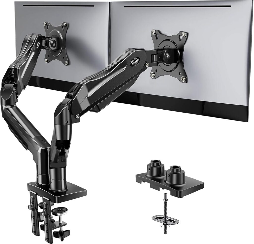HUANUO Dual Monitor Stand, Fully Adjustable Gaming Monitor Desk Mount for 13–32″ Computer Screens, Full Motion VESA 75×75/100×100 with C-Clamp & Grommet Base, Each Arm Holds 4.4 to 19.8 lbs